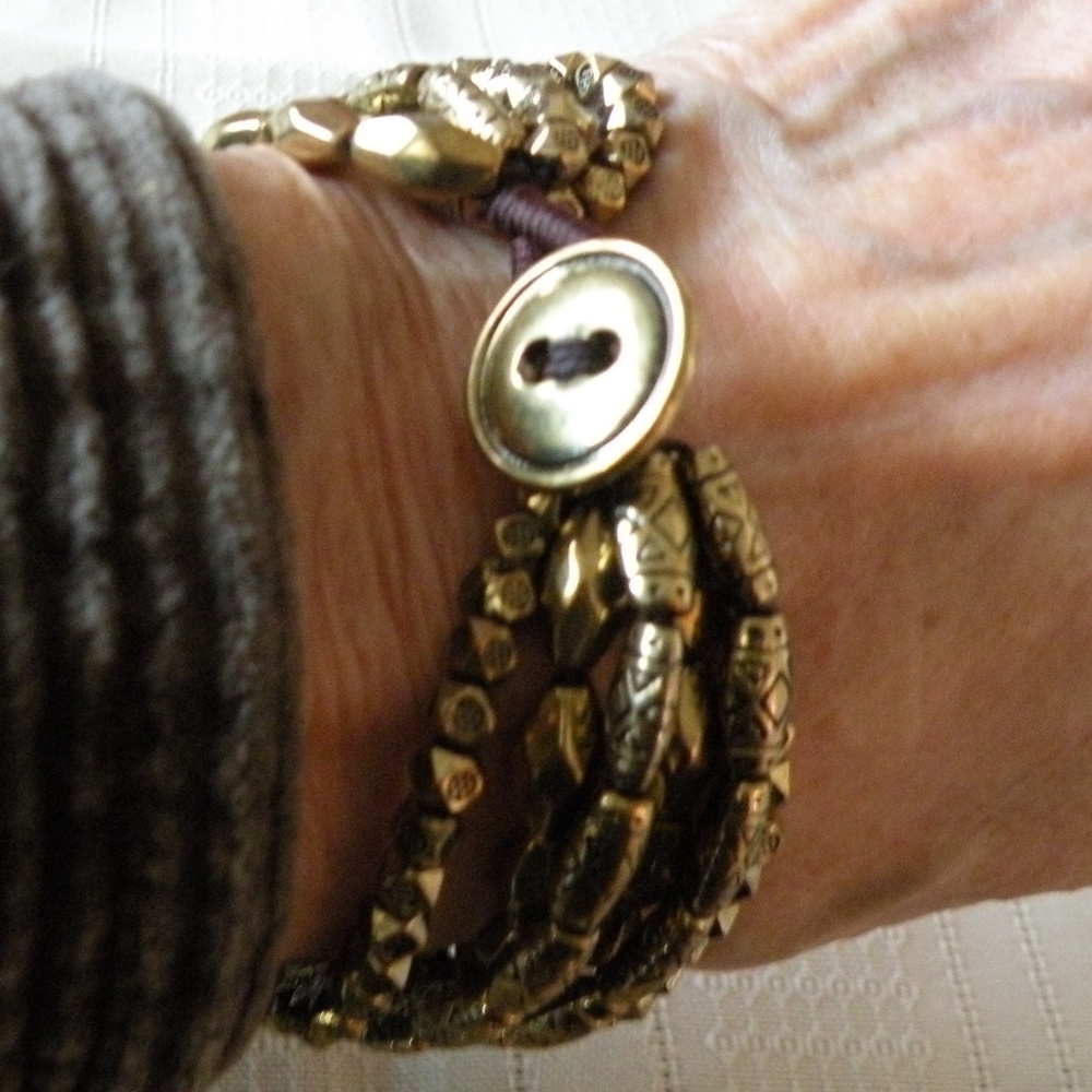 Unique Antiqued Goldtone Detailed Bead Multistrand Button Clasp Stretch Bracelet